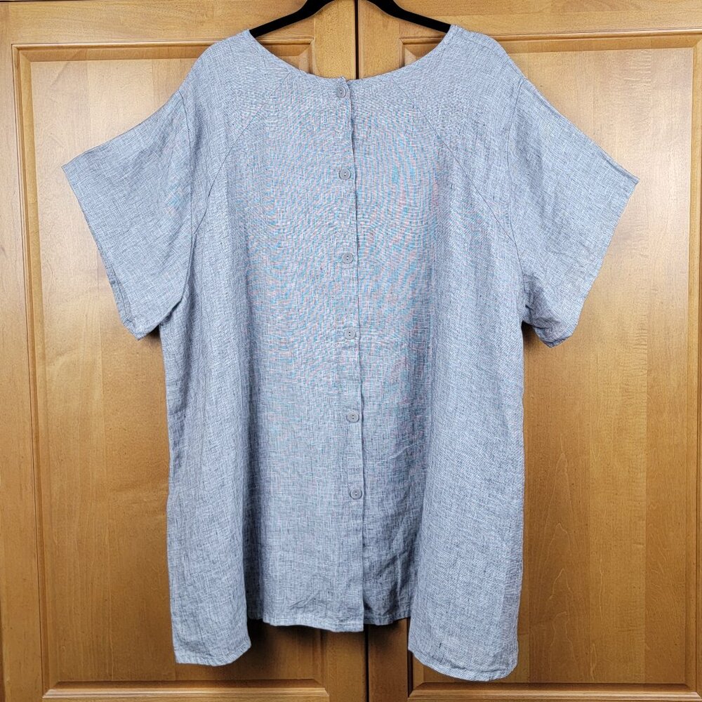 Flax Women's Grey Linen Short Sleeve Button Back Shirt - Size 24-26 - Picture 3 of 7